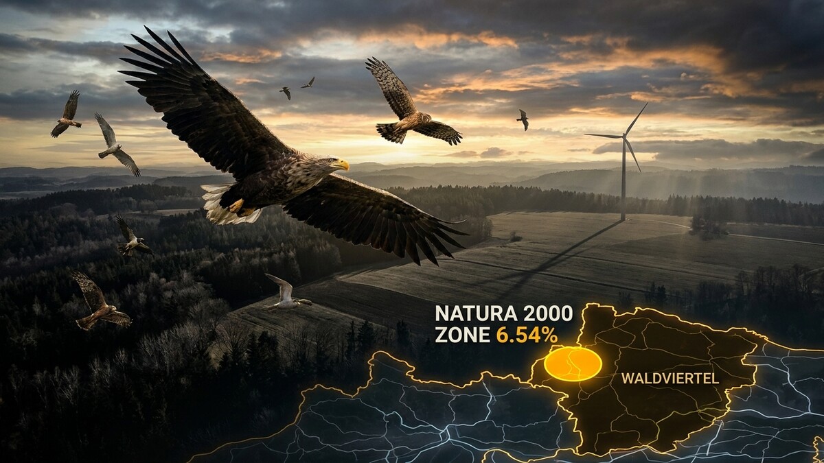Adler kreisen über dem Waldviertel, Österreich, bei Sonnenuntergang.