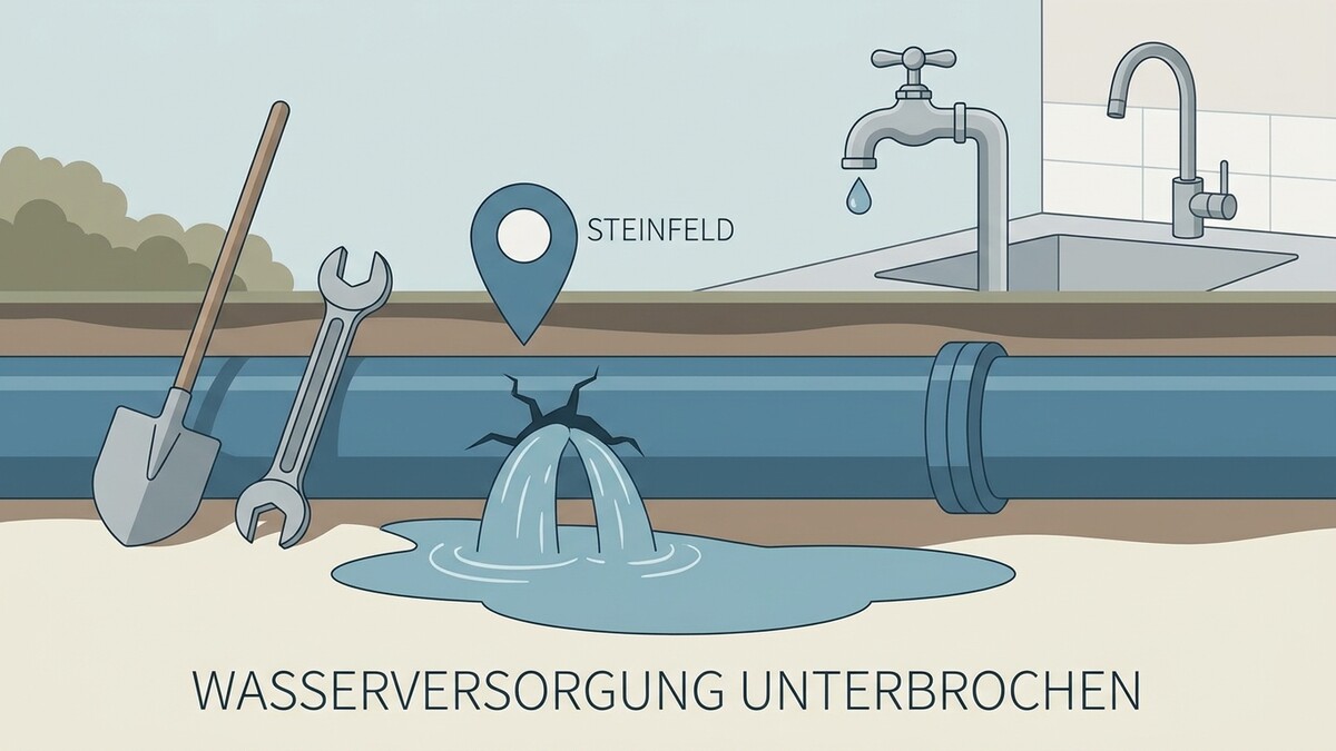 Wasserrohrbruch in Steinfeld: Spaten und Schraubenschlüssel neben einem beschädigten Rohr, aus dem Wasser sprudelt.
