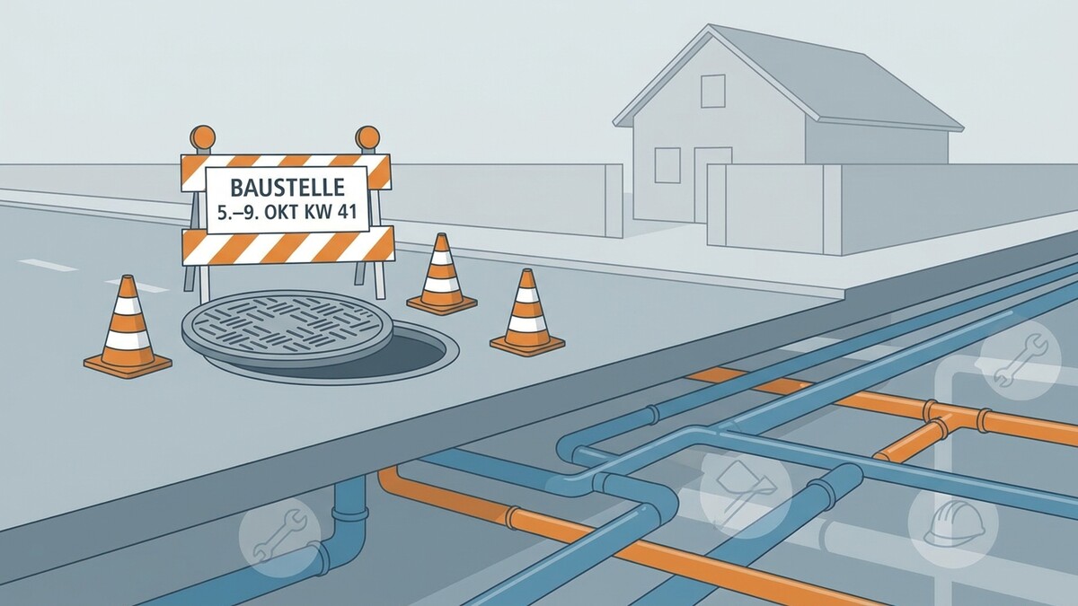 Baustelle mit Schachtdeckel, Verkehrskegeln und Hausansicht, darunter Rohrsystem