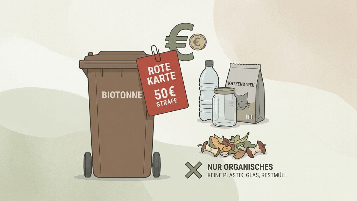 Biotonne mit roter Karte und 50€ Strafe, Katzenstreu, Glasflasche, Münzen