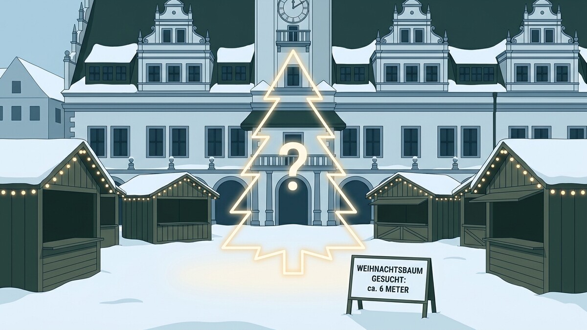 Weihnachtsbaum gesucht: Leere Buden vor Rathaus mit Glockenturm im Schnee