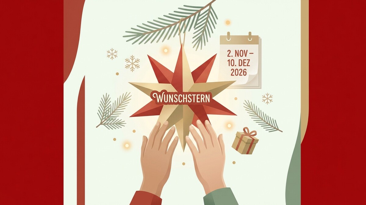 Wunschstern über Händen vor Kalender mit 2. Nov. - 10. Dez. 2026, Geschenkschachtel, Tannenzweigen und Schneeflocken.