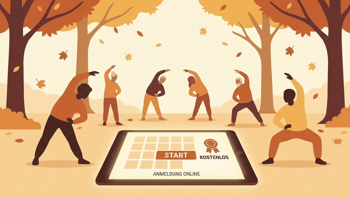 Senioren machen im Herbst Gymnastik im Park, Tablet mit Anmeldung Online.