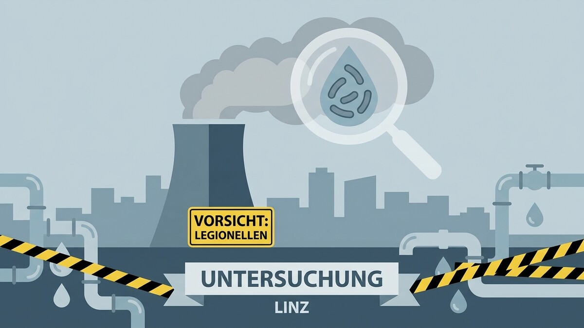 Legionellen Untersuchung Linz: Lupe über Wassertropfen mit Bakterien, Kühlturm, Rohre, Warnband