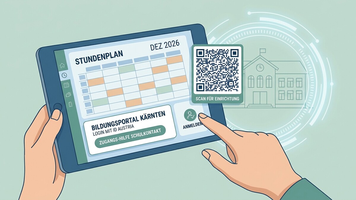 Stundenplan auf Tablet mit QR-Code und Schulgebäude in Kärnten