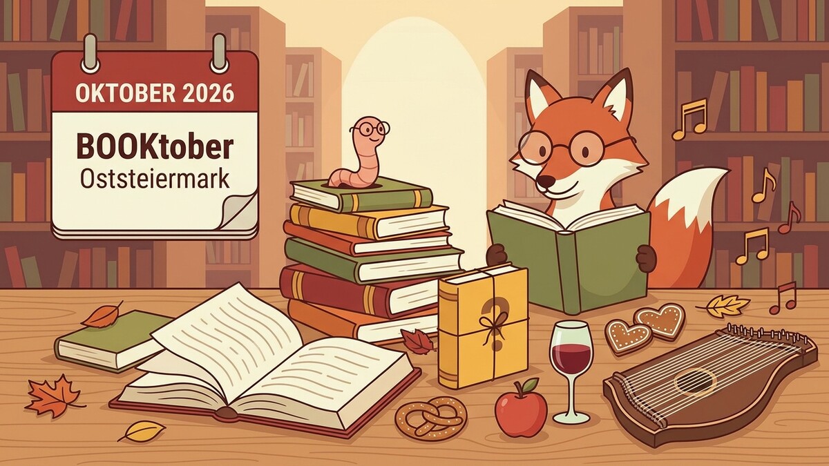 BOOKtober Oststeiermark: Fuchs liest Buch, Wurm auf Büchern, Zither, Wein, Brezel, Apfel