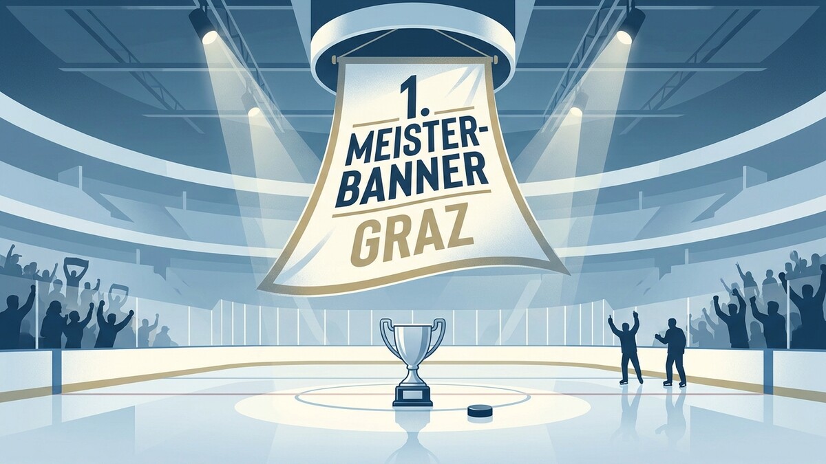 Meisterbanner Graz mit Pokal und Puck auf Eis, jubelnde Menge in Halle