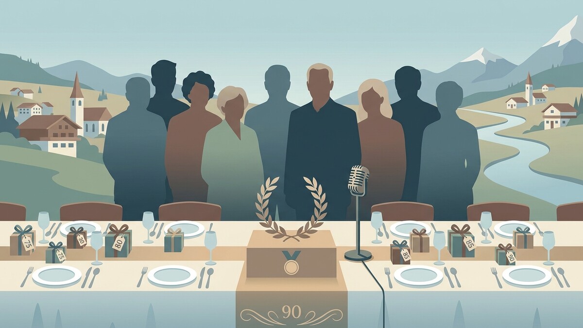 Feierliche Tafel mit Geschenken und Personen vor Berglandschaft
