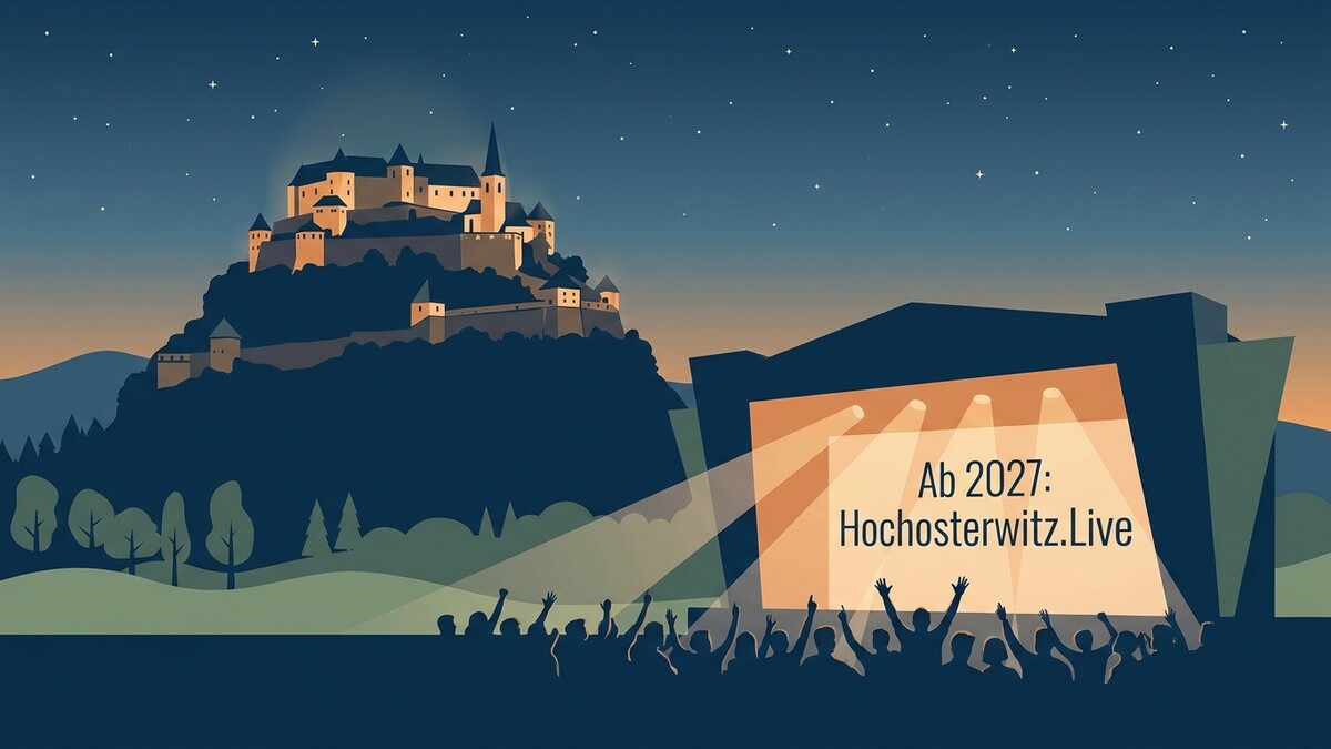 Burg Hochosterwitz mit Bühne und jubelndem Publikum, ab 2027 Hochosterwitz.Live