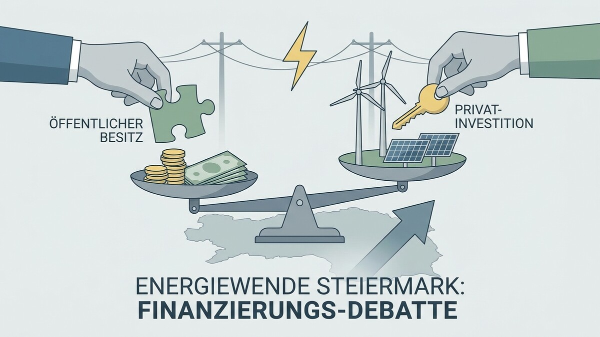 Energiefinanzierung Steiermark: Waage mit Geld und Puzzle für öffentlichen Besitz und Windräder mit Schlüssel für Privat-Investition.
