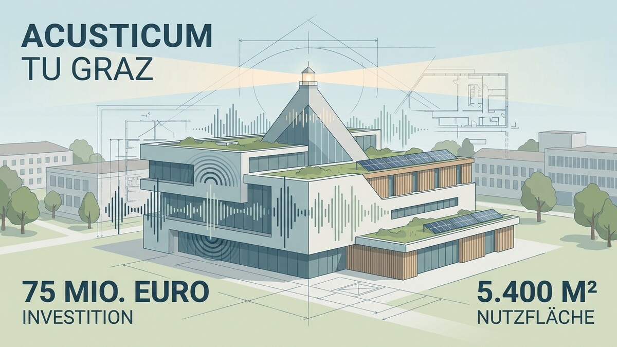 Acusticum TU Graz: moderne Architektur mit Solaranlagen und Grünflächen.