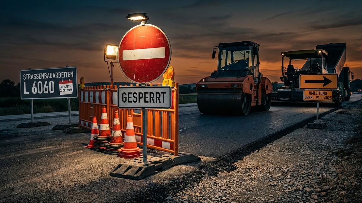 Straßenbauarbeiten L 6060 gesperrt: Walze und Asphaltfertiger im Einsatz