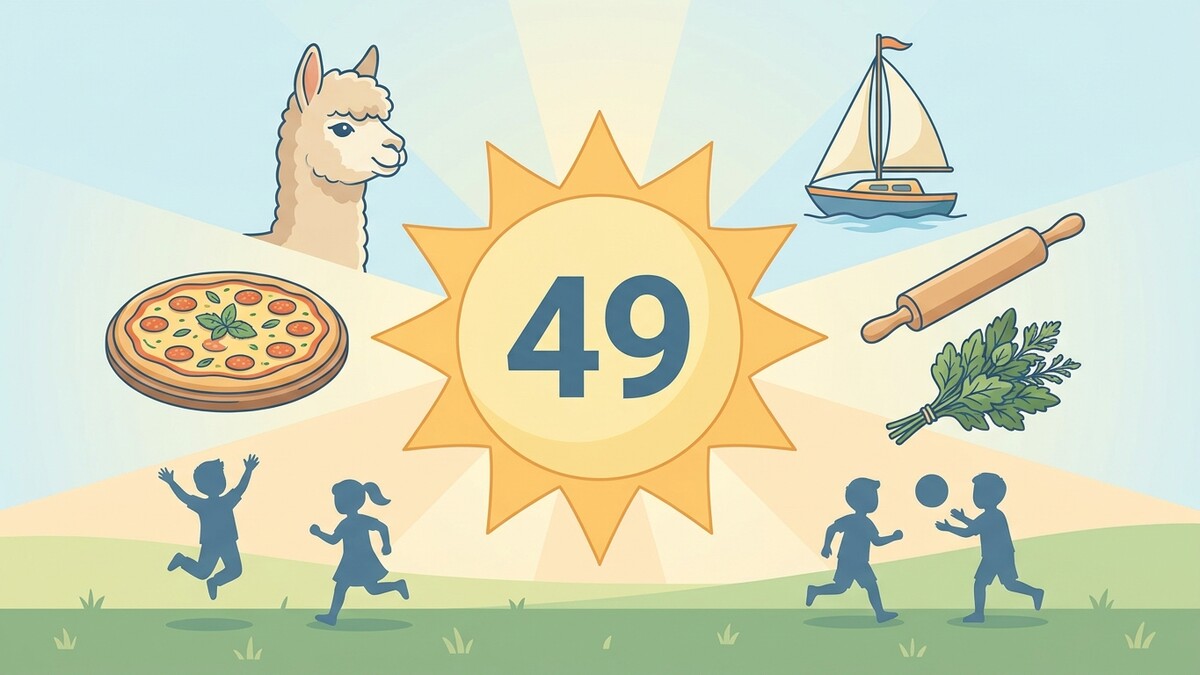 Sonne mit Zahl 49, Lama, Pizza, Segelboot, Nudelholz, Petersilie, spielende Kinder