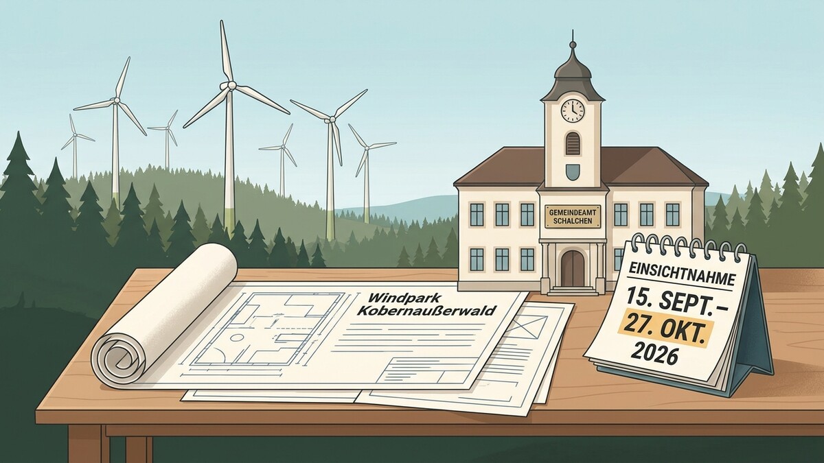 Windpark Kobernaußerwald Pläne vor Gemeindeamt Schalchen mit Kalender Einsichtnahme 15. Sept. - 27. Okt. 2026
