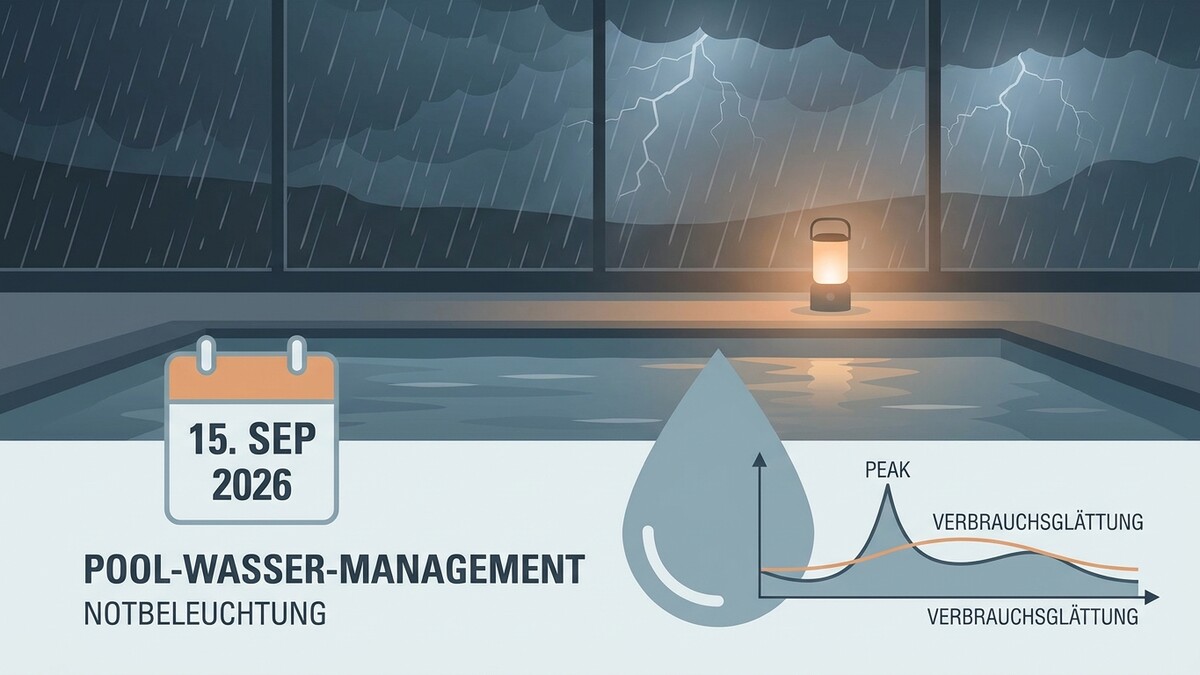 Pool-Wasser-Management Notbeleuchtung: Gewitter mit Blitz und Regen über einem Pool mit Kalender 15. Sep. 2026