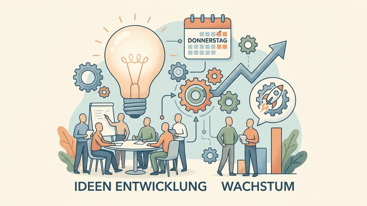 Ideenentwicklung und Wachstum: Team bespricht sich bei Glühbirne und Kalender.