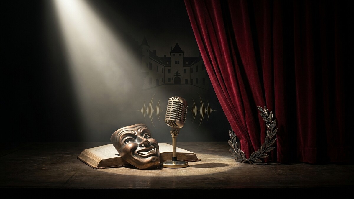 Theatermaske auf Buch vor Mikrofon, Lorbeerkranz und Burgkulisse