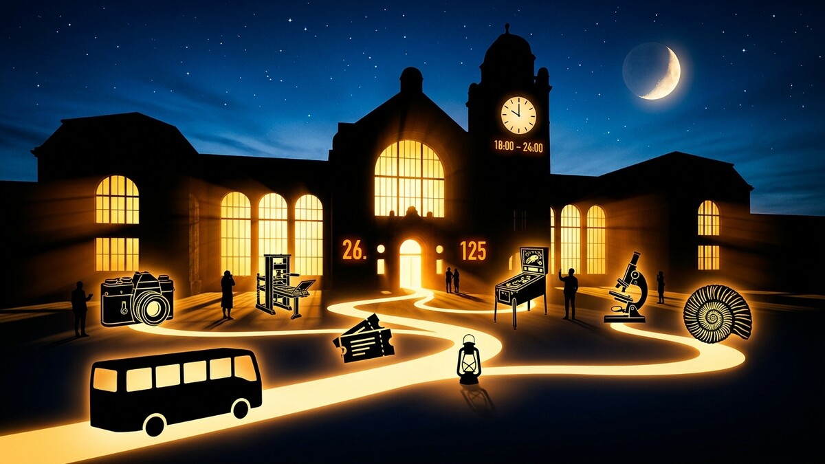 Silhouetten vor historischem Gebäude mit Uhr 18-24 Uhr, Zahlen 26. und 125, Bus, Kamera, Druckpresse, Flipper, Mikroskop