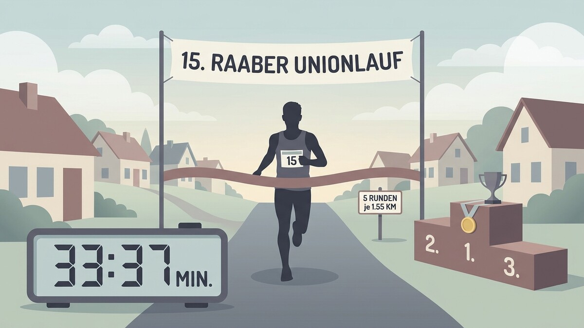 Läufer überquert Ziellinie beim 15. Raaber Unionlauf, digitale Stoppuhr zeigt 33:37 Min.