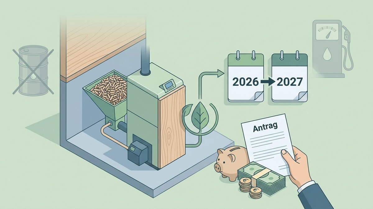 Pelletsheizung statt Öl, Antrag, Sparschwein und Kalenderblätter 2026/2027