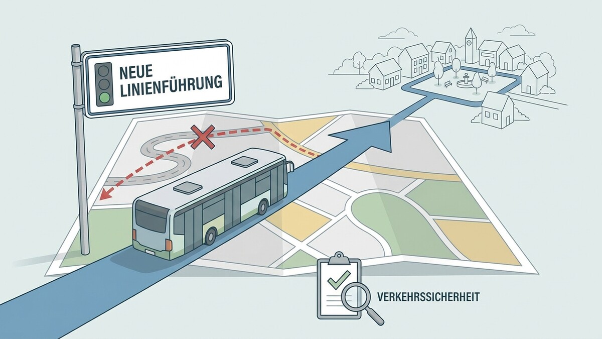 Verkehrssicherheit: Bus auf neuer Linienführung mit rotem Kreuz auf alter Route