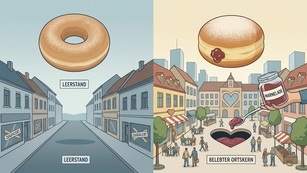 Leerer Krapfen über leerer Straße, gefüllter Krapfen mit Marmelade über belebtem Ortskern mit Menschen.