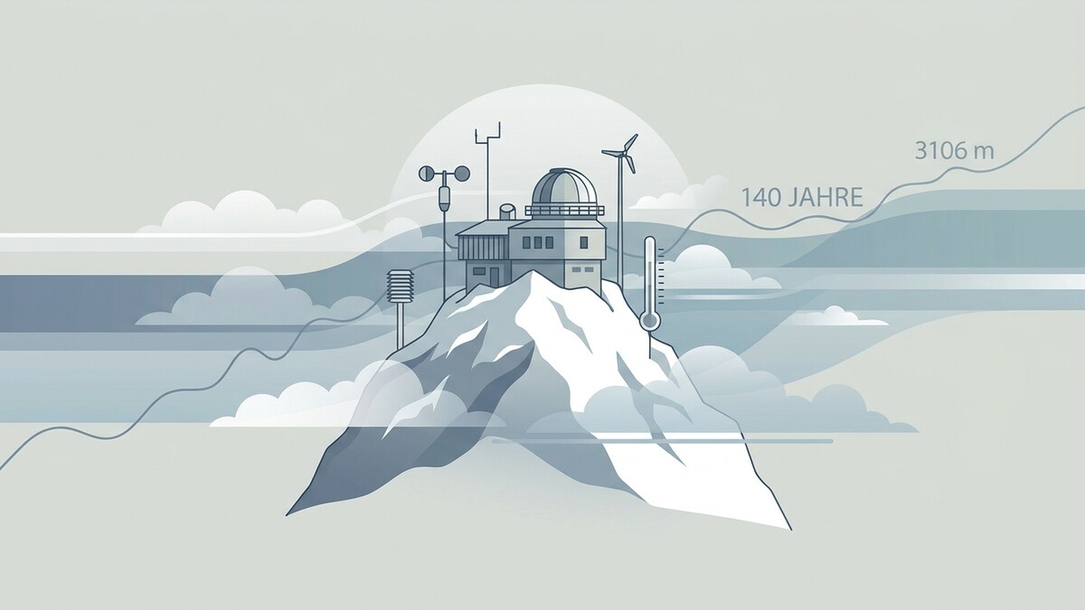 Wetterstation auf Berg mit Thermometer, Windrad und 140 Jahre Jubiläum auf 3106m.