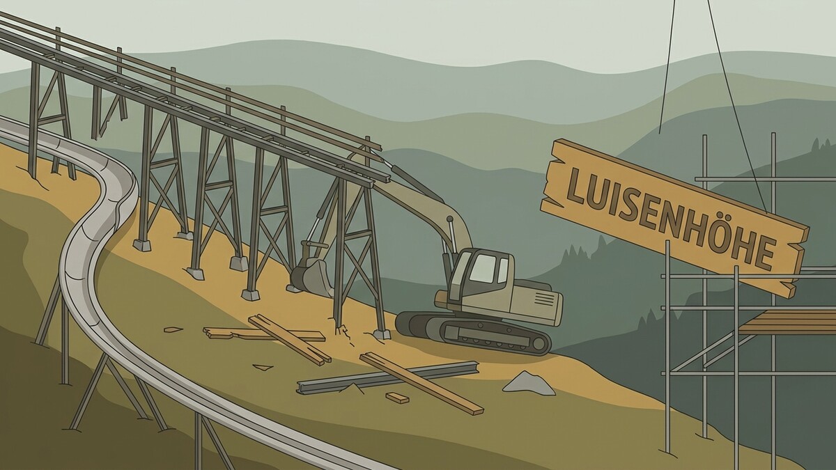 Luisenhöhe-Schild wird am Baugerüst montiert, Bagger und Rodelbahn-Konstruktion