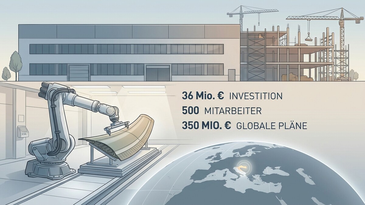 Industrieroboter mit Flügelteil, Baustelle und Erdball mit Europa