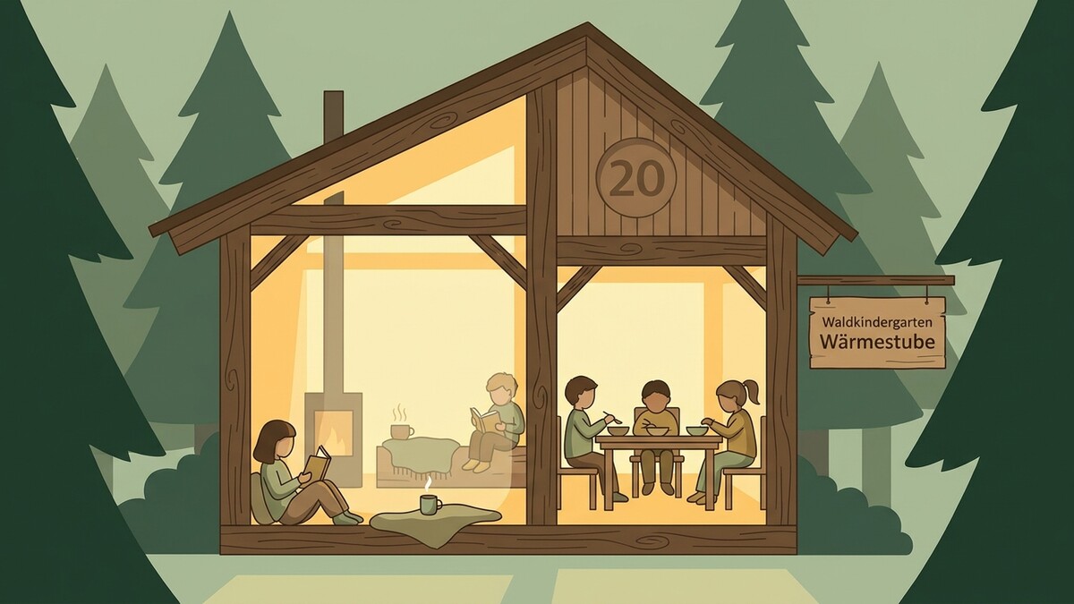 Waldkindergarten Wärmestube mit Kindern beim Essen und Lesen im Wald