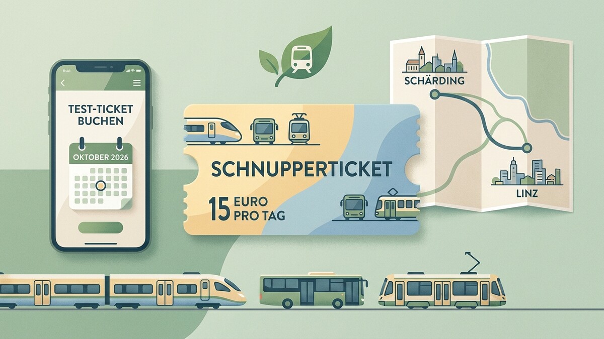Schnupperticket-Angebot: Smartphone mit Buchungs-App, Ticket, Karte mit Schärding und Linz, Zug, Straßenbahn und Bus