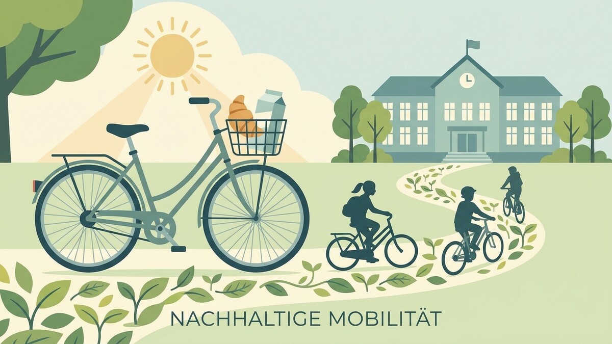 Nachhaltige Mobilität: Radfahrer auf einem Weg zu einem Schulgebäude, daneben ein Fahrrad mit Einkaufskorb.