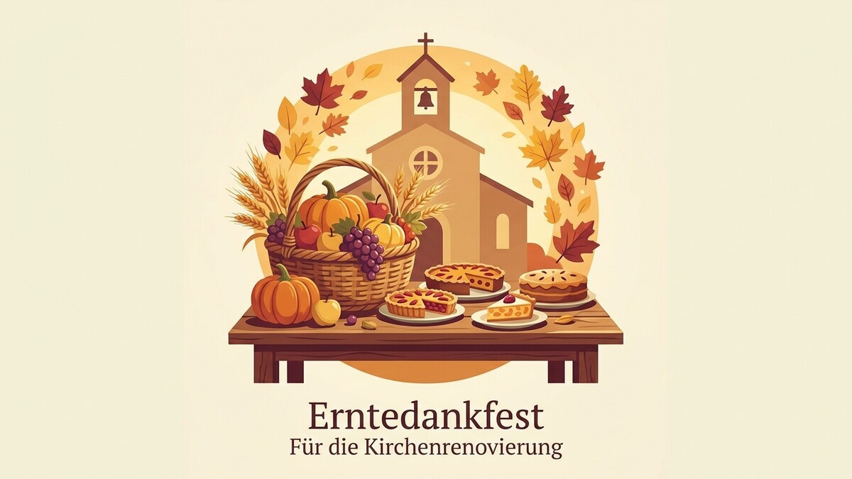 Erntedankfest mit Kürbiskorb und Kuchen vor Kirche, Herbstlaub