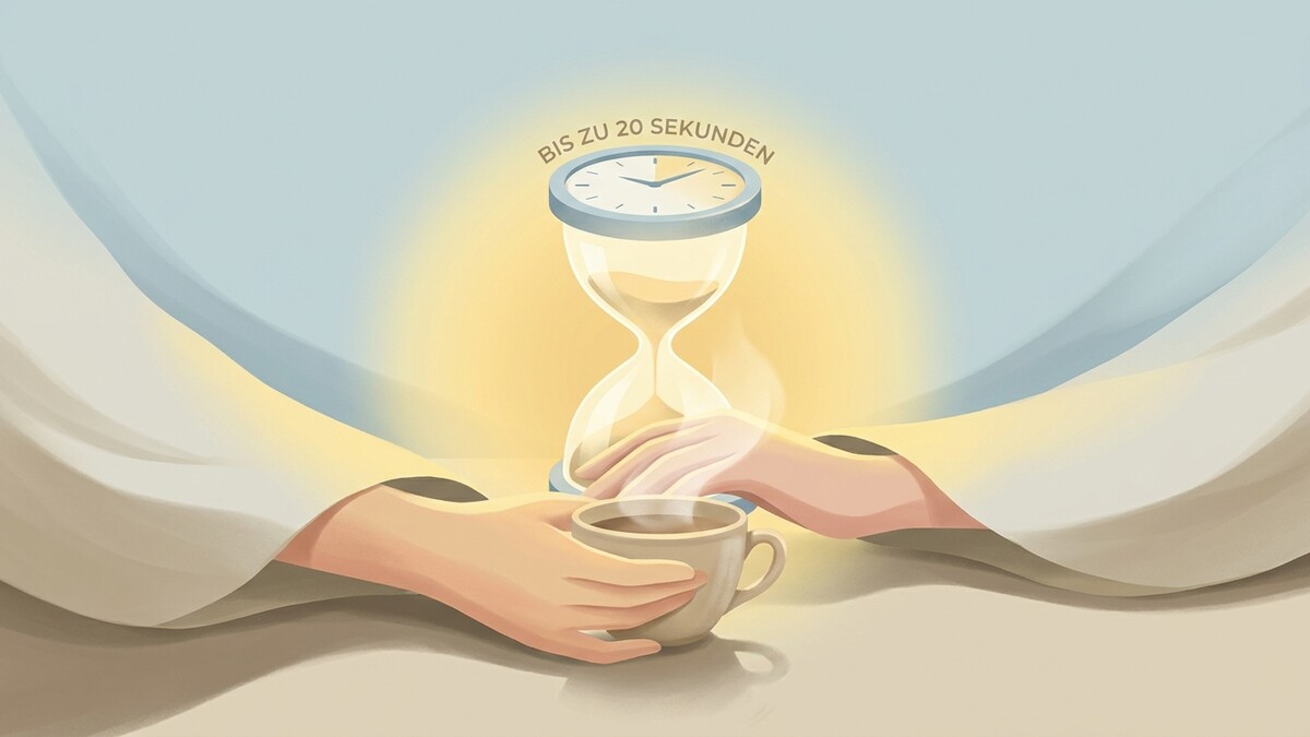 Sanduhr mit der Aufschrift „Bis zu 20 Sekunden“ und Hände, die eine Tasse Kaffee halten