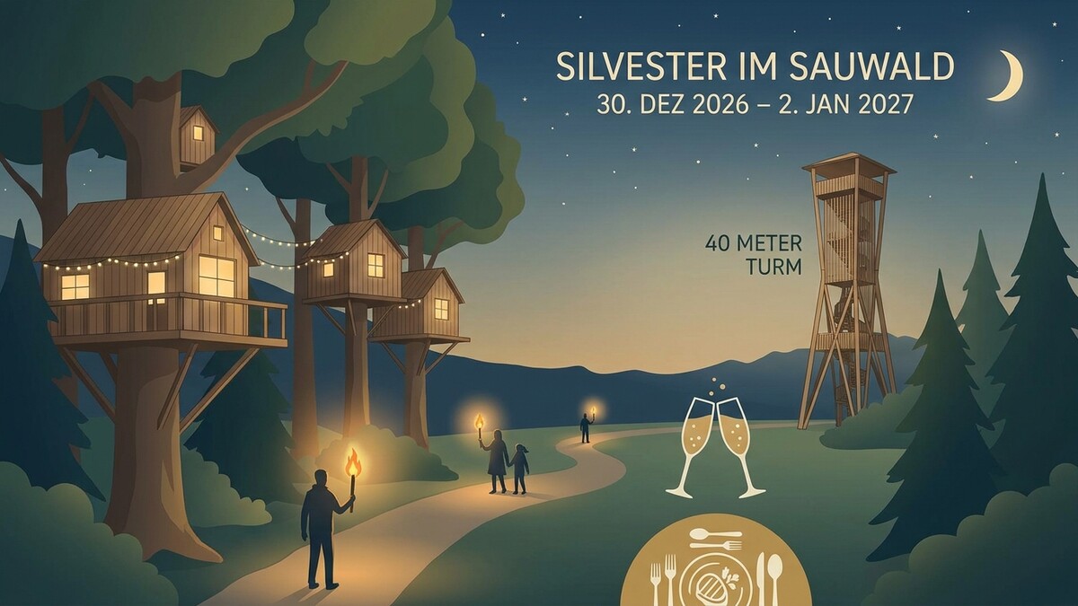 Silvester im Sauwald: Baumhäuser, 40-Meter-Turm und festliche Stimmung bei Nacht