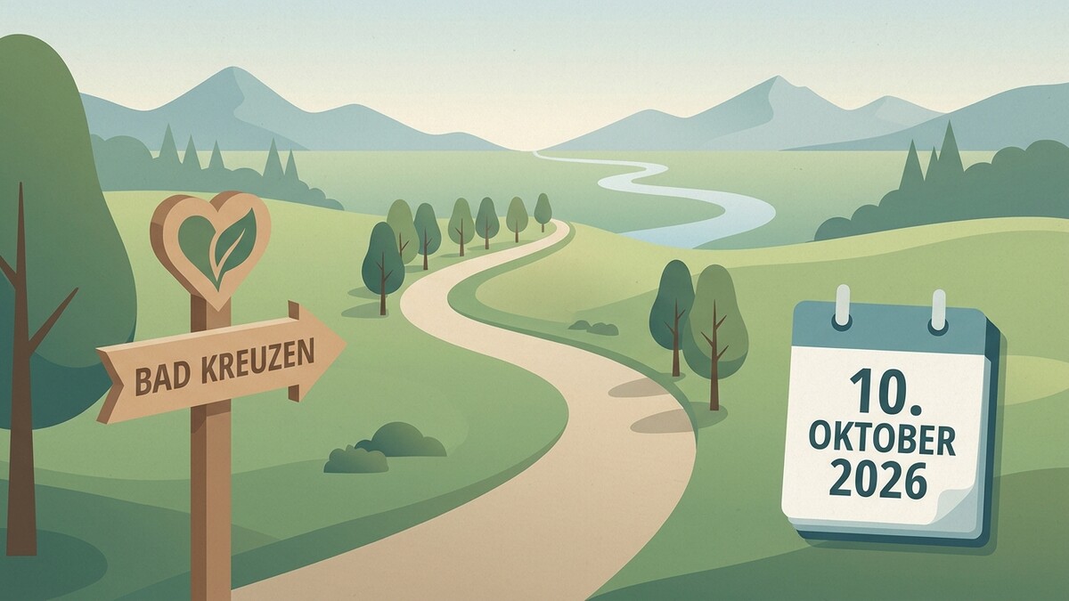 Wegweiser Bad Kreuzen zeigt Datum 10. Oktober 2026 im Grünen
