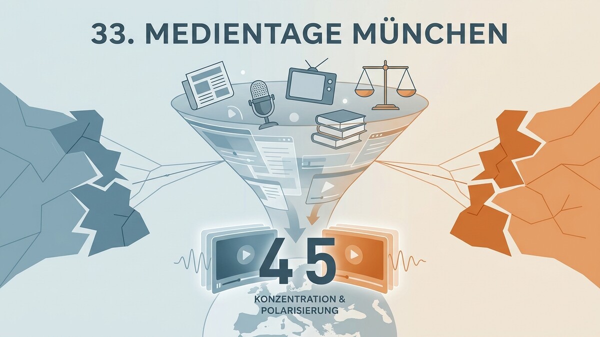 33. Medientage München: Trichter mit Medien-Symbolen, Zahlen 4 und 5, Konzentration & Polarisierung
