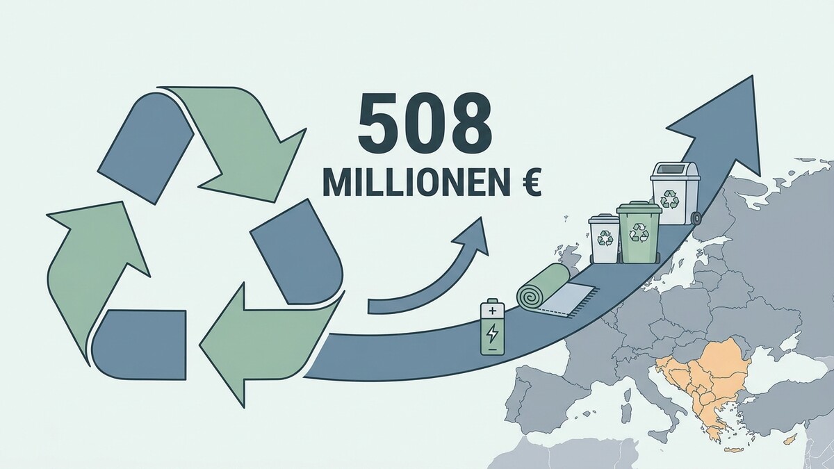 508 Millionen Euro Umsatz mit Recycling in Europa, dargestellt durch Pfeile und Mülltonnen.