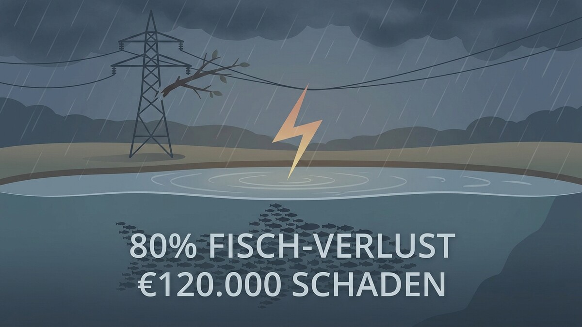 Strommast bei Gewitter über einem Teich mit Blitz und Fischschwarm, 80% Fischverlust, 120.000 Euro Schaden.