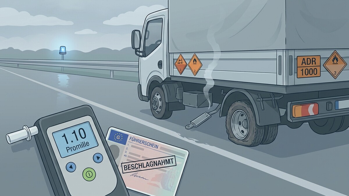 Promille-Messgerät, beschlagnahmter Führerschein und Lkw mit Gefahrengut-Aufklebern auf Autobahn