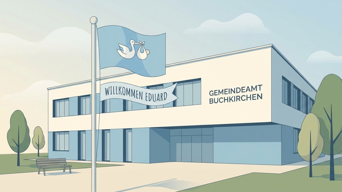 Gemeindeamt Buchkirchen mit Willkommensbanner für Eduard und Storchenmotiv
