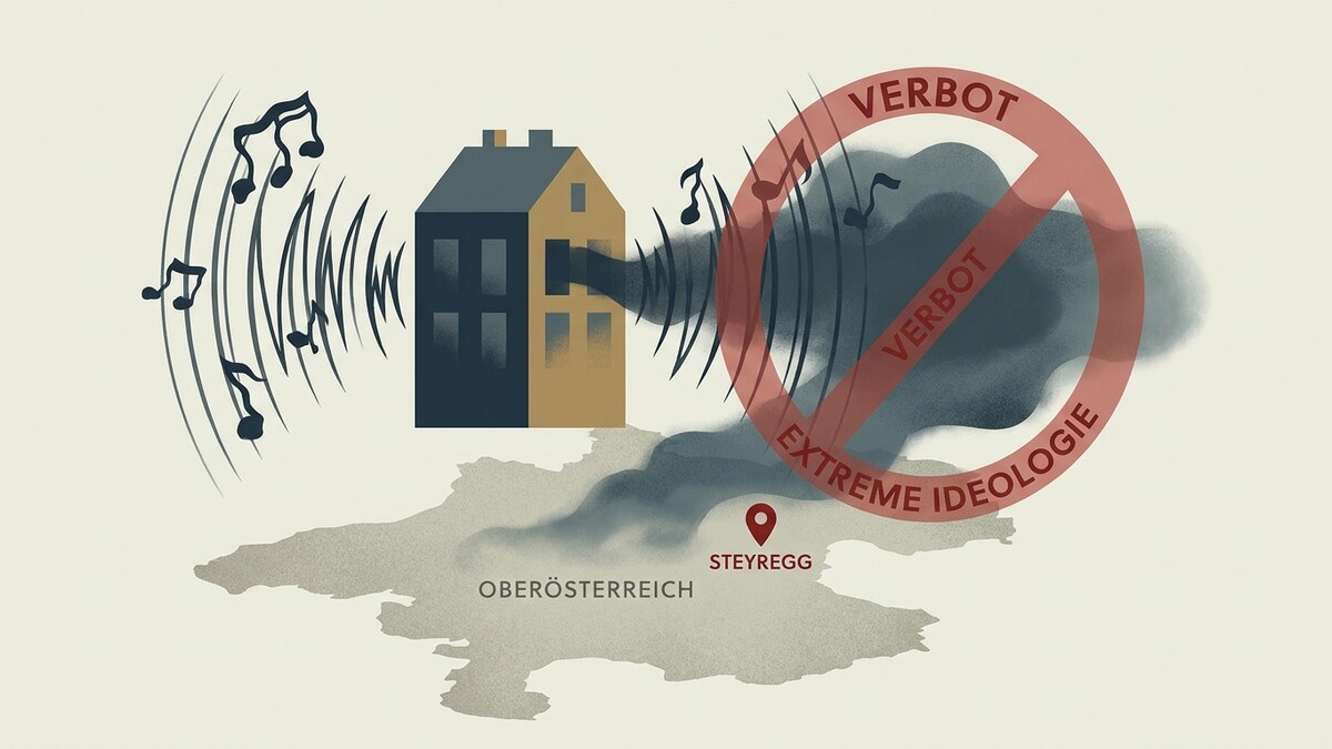 Verbot extremer Ideologie: Haus mit Musiknoten und Rauchwolke über Steyr, Oberösterreich