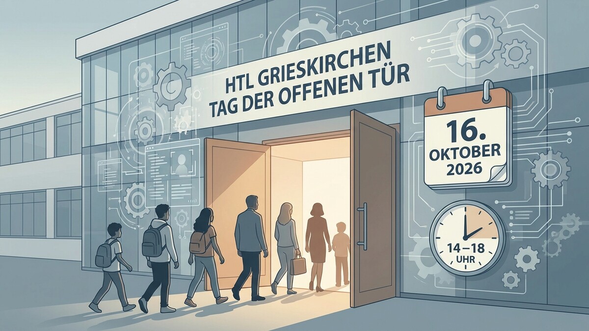 HTL Grieskirchen Tag der offenen Tür am 16. Oktober 2026, 14-18 Uhr, Besucher betreten das Gebäude