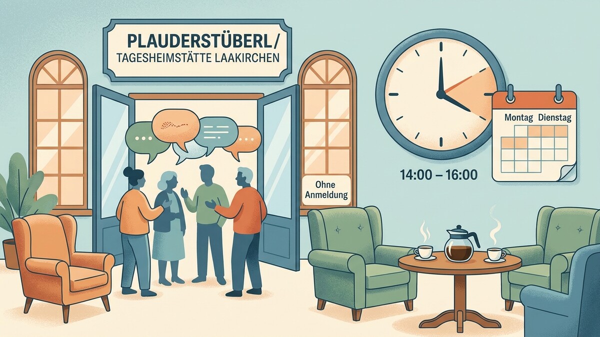 Plauderstüberl Tagesheimstätte Laakirchen: Menschen unterhalten sich, Uhrzeit 14-16 Uhr, ohne Anmeldung