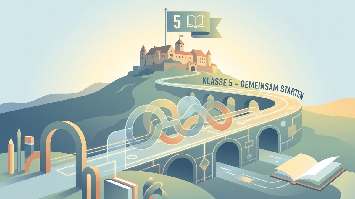 Klasse 5 – Gemeinsam starten: Burg auf Hügel, Brücke mit Symbolen, Stifte und offenes Buch