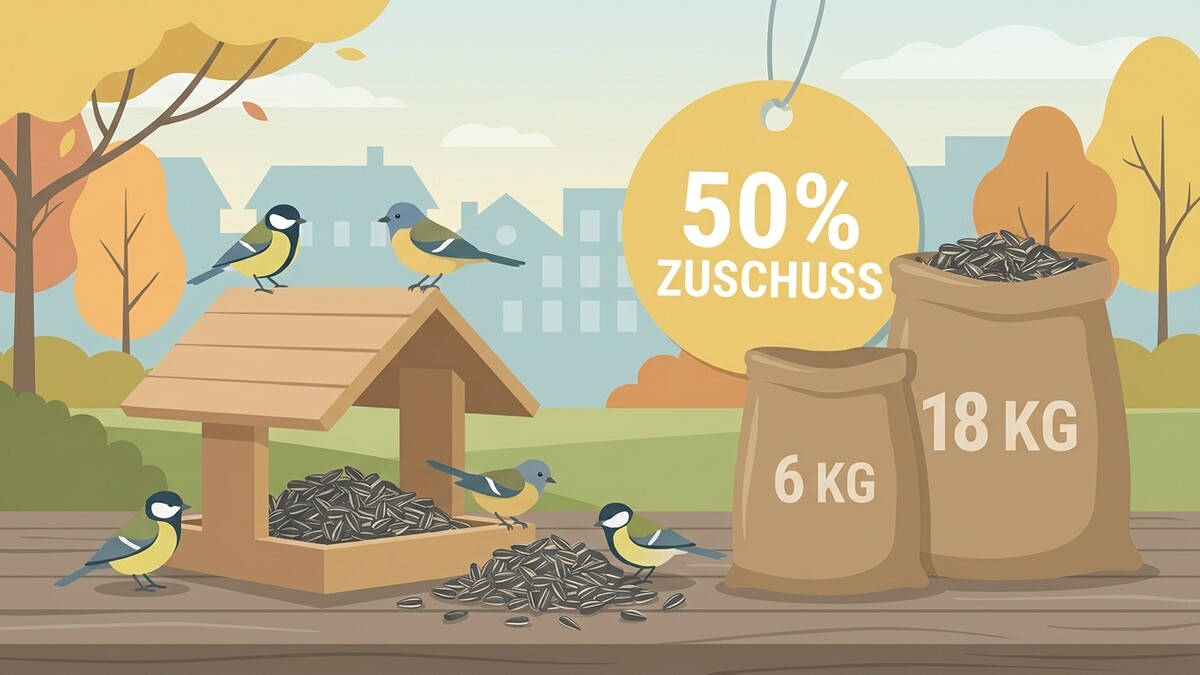 Vögel am Futterhaus mit Sonnenblumenkernen und Säcken, 50% Zuschuss
