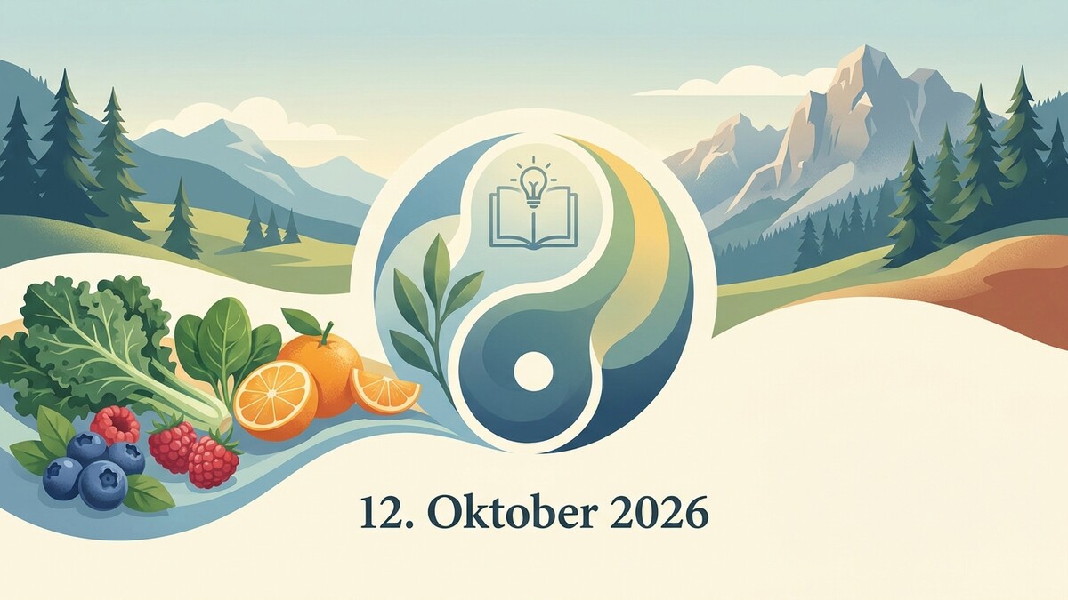 Obst und Gemüse vor Bergkulisse mit Yin-Yang-Symbol und Datum 12. Oktober 2026