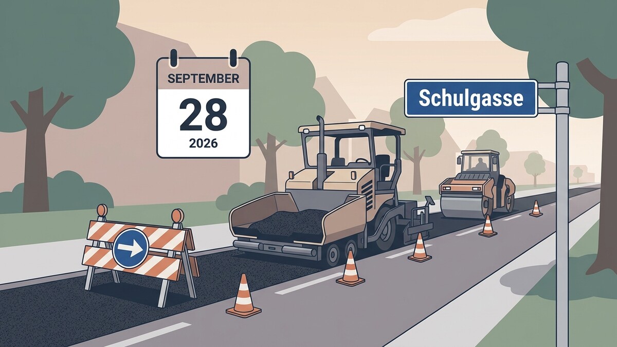 Straßenbau in der Schulgasse mit Asphaltfertiger und Walze am 28. September 2026