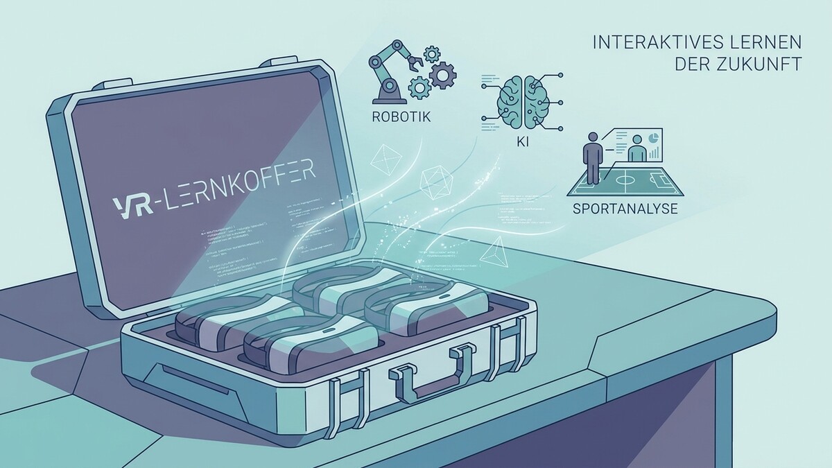 VR-Lernkoffer mit vier VR-Brillen, daneben Symbole für Robotik, KI und Sportanalyse.