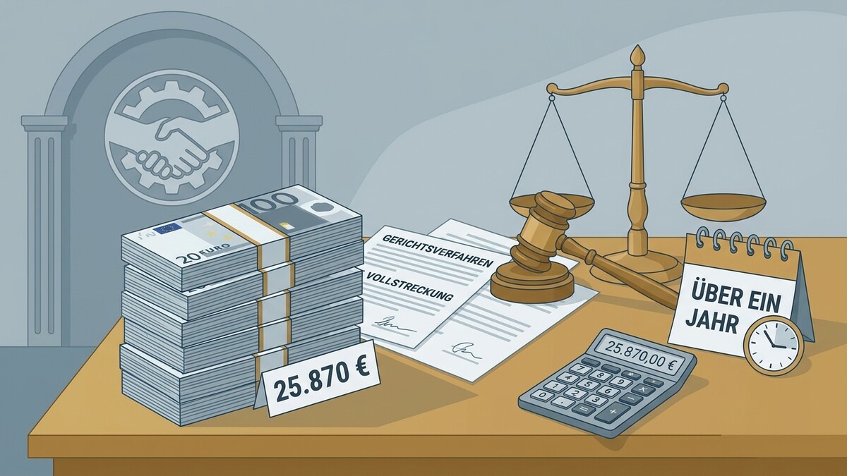 Geldstapel und Justizsymbole auf einem Tisch, Gerichtsverfahren, Vollstreckung, über ein Jahr.